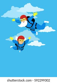 Happy Active Senior Couple Skydiving, EPS 8 Vector Illustration