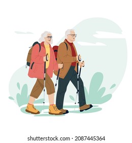 Happy active senior couple traveling together with backpacks and trekking sticks on holidays. Hiking. Colored flat vector illustration of traveler isolated on white background.