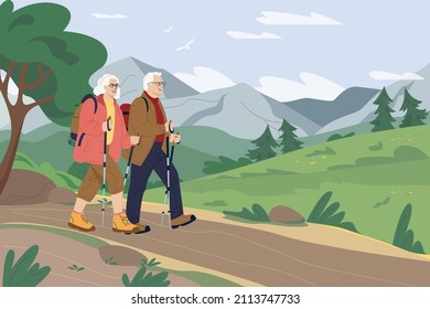 Happy active senior couple traveling together with backpacks and trekking sticks on holidays. Hiking. Enjoying nature, having a good time on their retirement