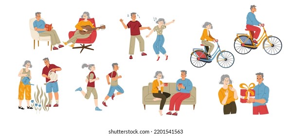 Juego de ilustraciones vectoriales de pareja senior activa. Personajes planos de edad avanzada, hombres y mujeres, disfrutando de pasatiempos de retiro, bailes, jardinería, ciclismo, jogging, citas, celebrando juntos las vacaciones