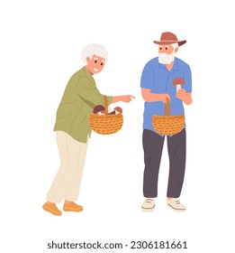 Happy active senior family couple cartoon characters walking together and picking mushrooms