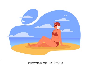 Happy and active senior spending time on the beach. Retired woman on her summer vacation. Old lady in a swimsuit. Vector illustration in cartoon style