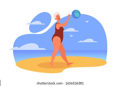 Happy And Active Senior Spending Time On The Beach. Retired Woman On Her Summer Vacation. Old Lady In A Swimsuit Playing A Volleyball. Vector Illustration In Cartoon Style