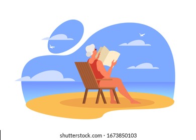 Happy and active senior woman spending time on the beach reading a newspaper. Retired lady on her summer vacation. Woman on retirement. Vector illustration in cartoon style