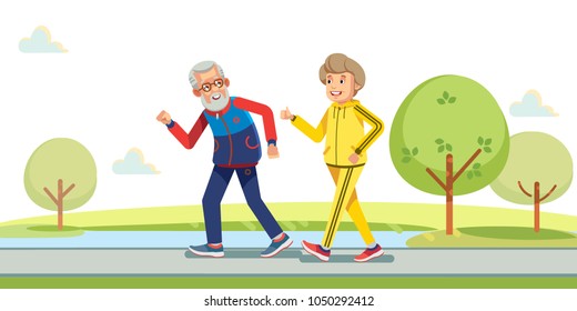 Happy active seniors running outside in green nature.  Vector flat illustration