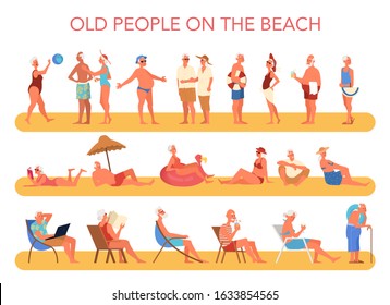 Happy and active seniors spending time on the beach. Retired people on their summer vacation. Woman and man on retirement. Vector illustration in cartoon style