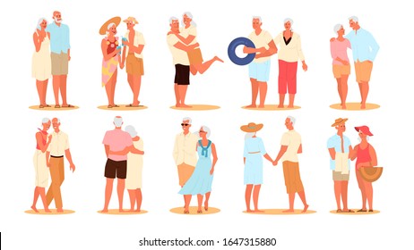 Happy and active seniors spending time on the beach set. Retired couple on their summer vacation. Woman and man on retirement. Vector illustration in cartoon style