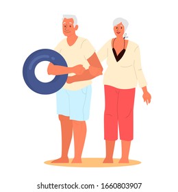 Happy And Active Seniors Spending Time On The Beach Together. Retired Couple On Their Summer Vacation. Woman And Man On Retirement. Vector Illustration In Cartoon Style