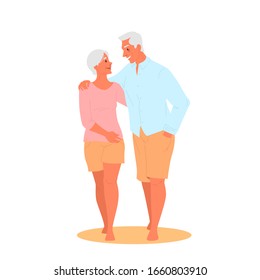 Happy and active seniors spending time on the beach together. Retired couple on their summer vacation. Woman and man on retirement. Vector illustration in cartoon style