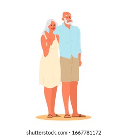 Agradables y animados que pasan el tiempo en la playa juntos. Pareja jubilada en sus vacaciones de verano. Mujer y hombre en el retiro. Ilustración vectorial en estilo de caricatura