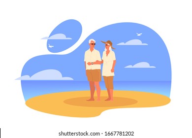 Happy and active seniors spending time on the beach together. Retired couple on their summer vacation. Woman and man on retirement. Vector illustration in cartoon style