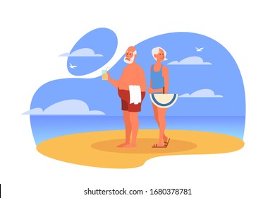 Happy and active seniors spending time on the beach together. Retired couple on their summer vacation. Woman and man on retirement. Vector illustration in cartoon style