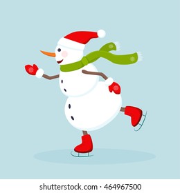 Happy active snowman character. Ice skating rink. Christmas New Year theme cartoon vector illustration.