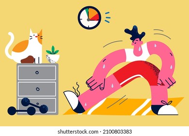 Happy active toned man in sportswear exercise training at home on lockdown. Smiling sportive guy do sports workout with dumbbells on quarantine. Physical healthy activity. Vector illustration. 