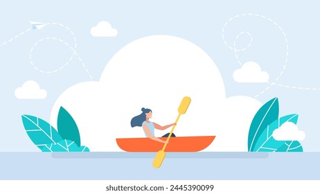 Mujer activa feliz que hace rafting en kayak o canoa a lo largo del río. Mujer de negocios con barco y remo de aventura. Concepto deportes acuáticos, kayak, actividad, rafting, canoa. Vector ilustración de dibujos animados