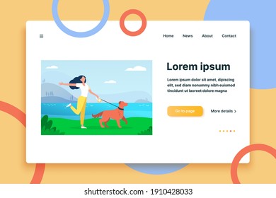 Happy active woman walking dog on leash outdoors. Girl with pet near lake, water flat vector illustration. Animal care, leisure, lifestyle concept for banner, website design or landing web page