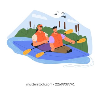 Happy active young couple rafting in kayak or canoe, flat vector illustration isolated on white background. People doing outdoor activities and sports on the river.