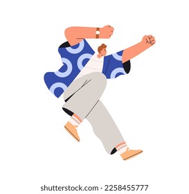 Happy active young man jumping with joy. Enthusiastic energetic male character with positive life energy. Excited joyful person rejoices. Flat graphic vector illustration isolated on white background.