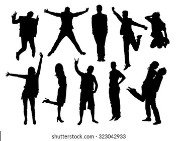 Happy active young people silhouettes. Black and white vector collection.