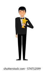 happy actor with star trophy over white background. colorful design. actors awards design. vector illustration