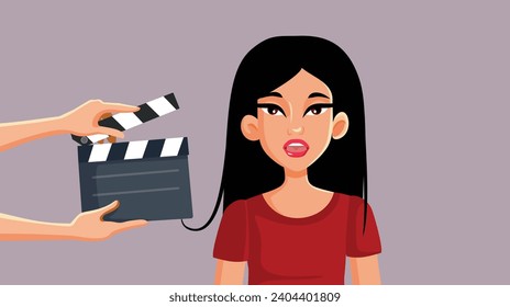 
Feliz actriz filmando una ilustración de un vector dramático coreano. Actriz femenina alegre que siente emociones felices en un rol de película 
