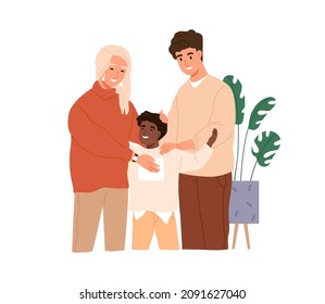 Happy adopted kid son in foster family with mother and father. Boy and parents of different race. Wife, husband and adoptive black child. Flat vector illustration isolated on white background