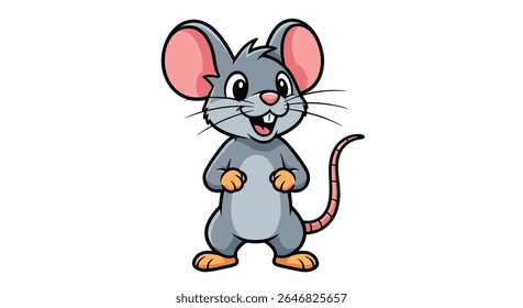 Um Rato Desenho Animado Feliz E Adorável De Pé Nas Pernas Traseiras Com Um Grande Sorriso E Pequenos Chicotes