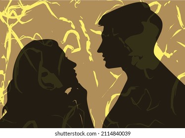 Happy adorable couple in love. Portrait of young man and woman looking at each other. Pair of romantic partners on date. Boyfriend and girlfriend. Flat vector illustration for Valentine's Day.