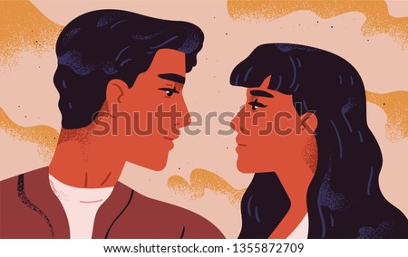 Happy adorable couple in love. Portrait of young man and woman looking at each other. Pair of romantic partners on date. Boyfriend and girlfriend. Flat vector illustration for Valentine's Day.
