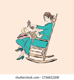 Happy adorable motherhood. Mom plays with newborn baby. Woman sitting on rocking chair holding baby on her lap. Nanny makes baby teddy bear.