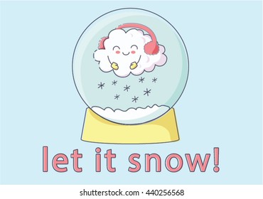Happy adorable puffy cloud in snow globe. Can be used as a t-shirt print or a festive postcard. Also can be a part of your design. Easy do edit and recolor