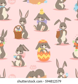 Happy adorable rabbit cartoon character cheerful mammal holiday art hare with basket and cute easter bunny with eggs funny animal vector seamless pattern