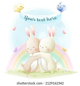 Happy adorable rabbit hugging each other