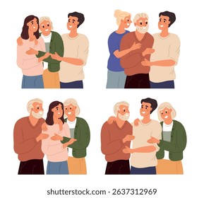 Happy adult children hugging grandparents. People loving elderly mom and dad. Retired parents together with smiling young kids and grandchildren. Generations relationship. Vector family cuddles set