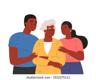 Happy adult children hugging old mother feeling love to each other. Portrait of young people hugging their grandma. Friendly family relationship. Cartoon vector flat illustration on white background. 