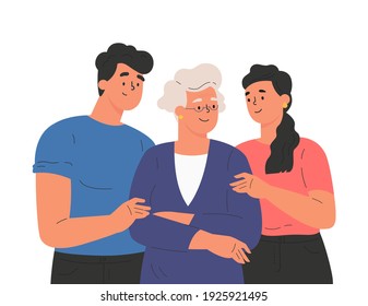 Niños adultos felices abrazando a madres mayores sintiendo amor entre ellas. Retrato de jóvenes abrazando a su abuela. Relación familiar amistosa. Dibujo plano vectorial de dibujos animados sobre fondo blanco. 