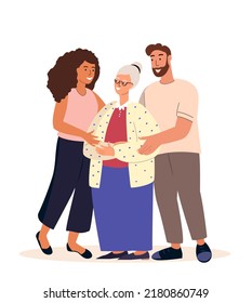 Happy adult children hugging old mother feeling love to each other. Portrait of young people hugging their grandma. Friendly family relationship. Cartoon vector flat illustration on white background.