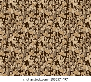 Happy adult crowd people beige seamless pattern