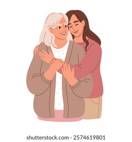 Happy Adult Daughter is Hugging her Elderly Mother. Warm scene illustrating the Connection and support between Generations. Vector illustration in cartoon style. Mother’s Day 