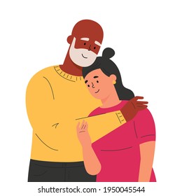 Happy adult daughter hugging old father feeling love to each other. Portrait of young woman hugging her grandpa. Friendly family relationship. Cartoon vector flat illustration on white background. 