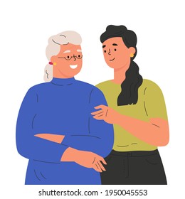 Happy adult daughter hugging old mother feeling love to each other. Portrait of young woman hugging her grandma. Friendly family relationship. Cartoon vector flat illustration on white background. 