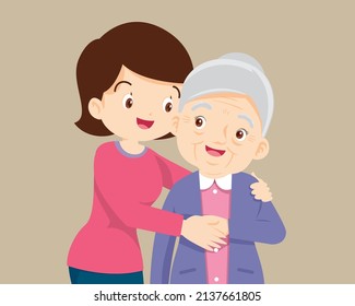 Happy adult daughter hugging old mother feeling love.Happy adult daughter hugging old mother feeling love to each other.