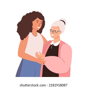 Happy adult daughter hugging old mother,feel love,suport to each other.Portrait of young woman hugging her grandma.Friendly family relationship.Cartoon vector flat illustration on white background.