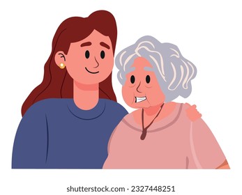 Happy adult daughter hugging old mother feeling love to each other. Portrait of young woman hugging her grandma. Friendly family relationship. Cartoon vector flat illustration on white background.