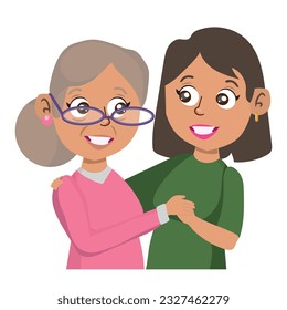 Feliz hija adulta abrazando a la vieja madre sintiendo amor por la otra ilustración vectorial plana. Relación familiar amistosa aislada. Mujer sonriente abrazando a anciana con emoción positiva