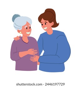 Happy adult daughter hugging old mother feeling love to each other. Portrait of young woman hugging her grandma. Friendly family relationship. Cartoon vector flat illustration on white background.