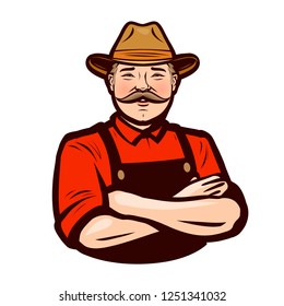 Happy adult farmer in overalls. Agriculture, farm concept. Vector illustration