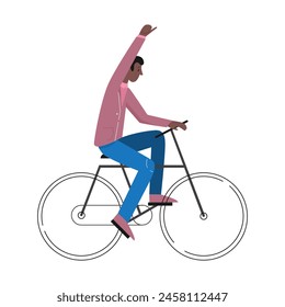 Hombre adulto feliz que monta la bicicleta con la mano arriba, vista lateral de la Ilustración vectorial del ciclista joven