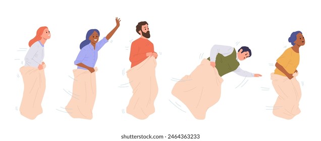 Happy adult people cartoon characters jumping in bag enjoying sack race celebrating sport game