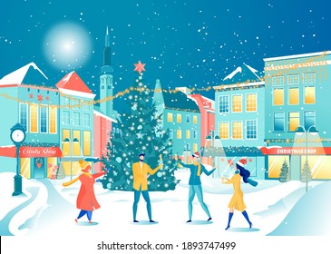 Happy Adult People Celebrating Christmas and New Year Outdoors near City Xmas Tree. Young Men and Women Drinking Champagne on Street. Snowy Weather. Winter Holidays. Vector Flat Cartoon Illustration